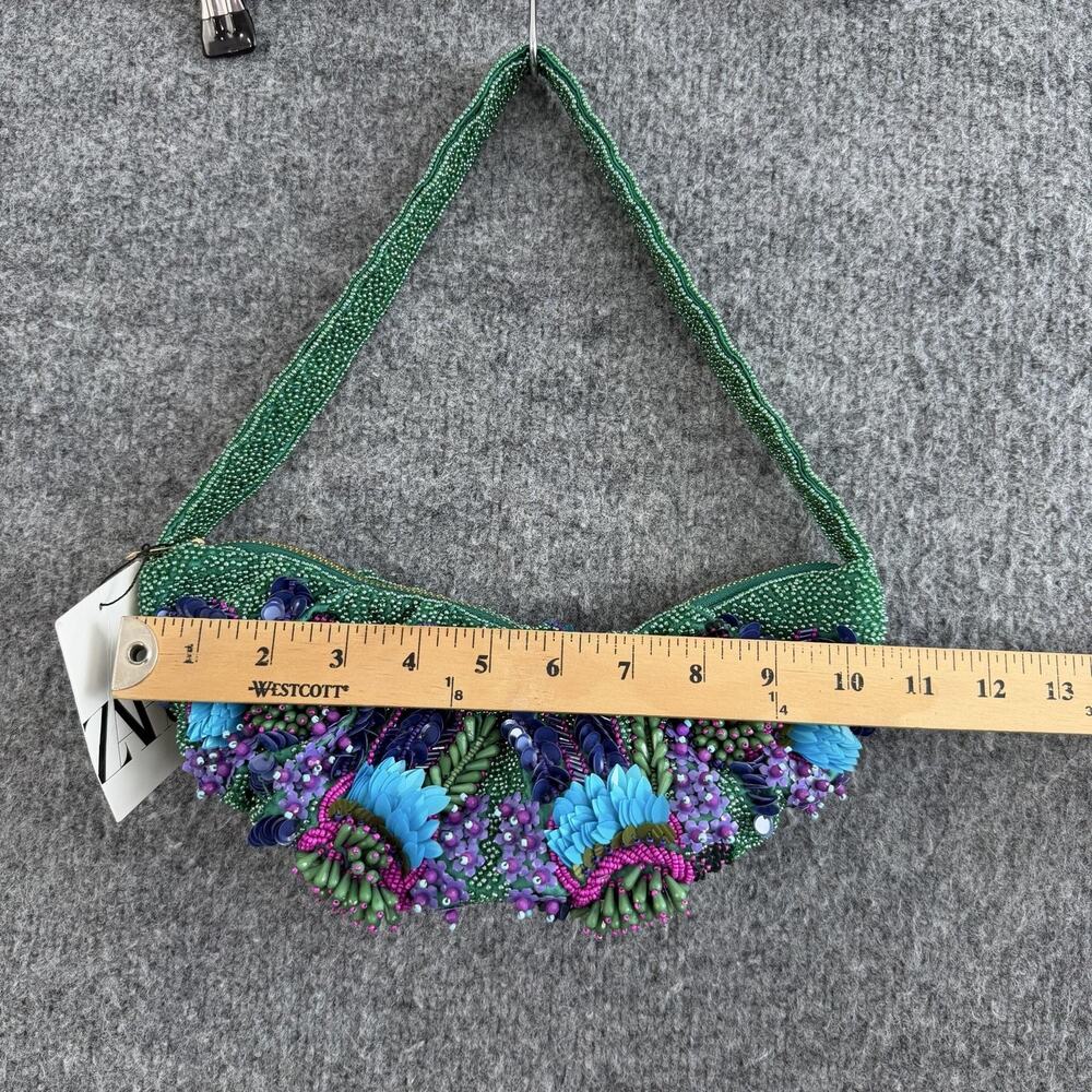 Zara Beaded Floral Shoulder Bag Green Embellished Party Cocktail Purse Artsy - Picture 9 of 12